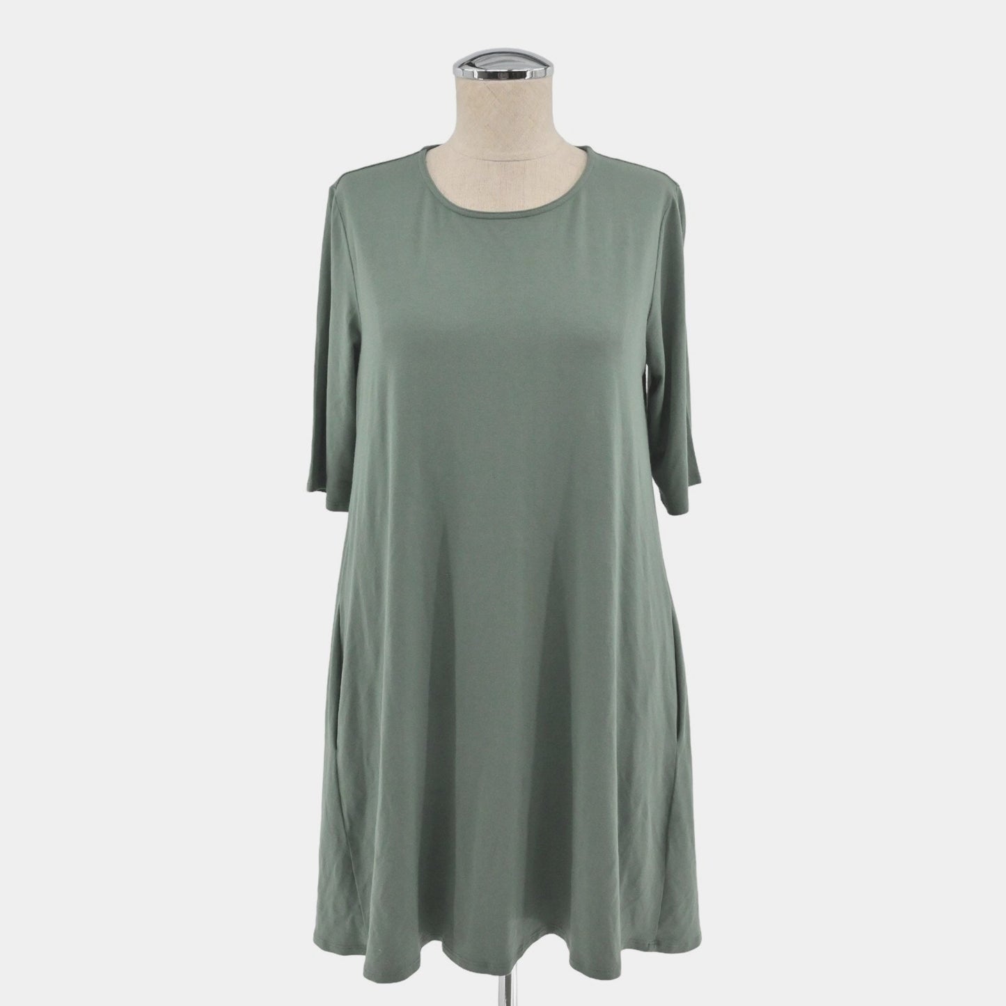 EILEEN FISHER Jersey Sage Green Dress Size S Lagenlook Shift Half Sleeve USA