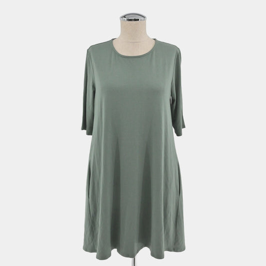 EILEEN FISHER Jersey Sage Green Dress Size S Lagenlook Shift Half Sleeve USA