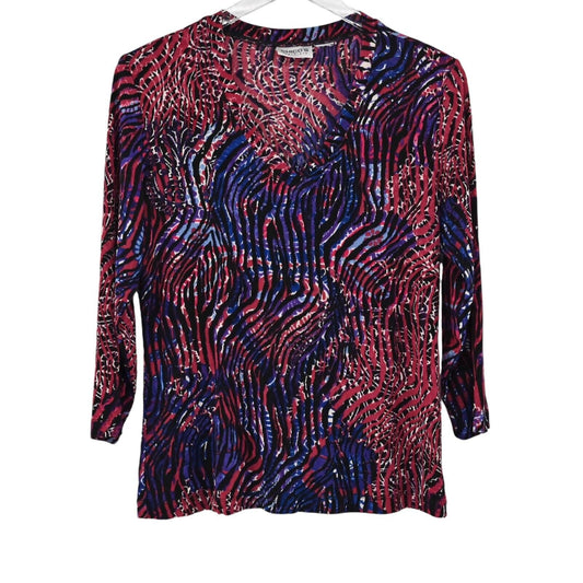 CHICOS Top Womens Sz M Red Blue Zebra Travelers Print 3/4 Sleeve V Neck Boho USA
