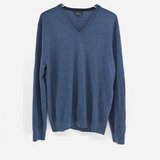 BROOKS BROTHERS Mens Merino Wool Sweater Sz L Blue Pullover V Neck Knit Academia