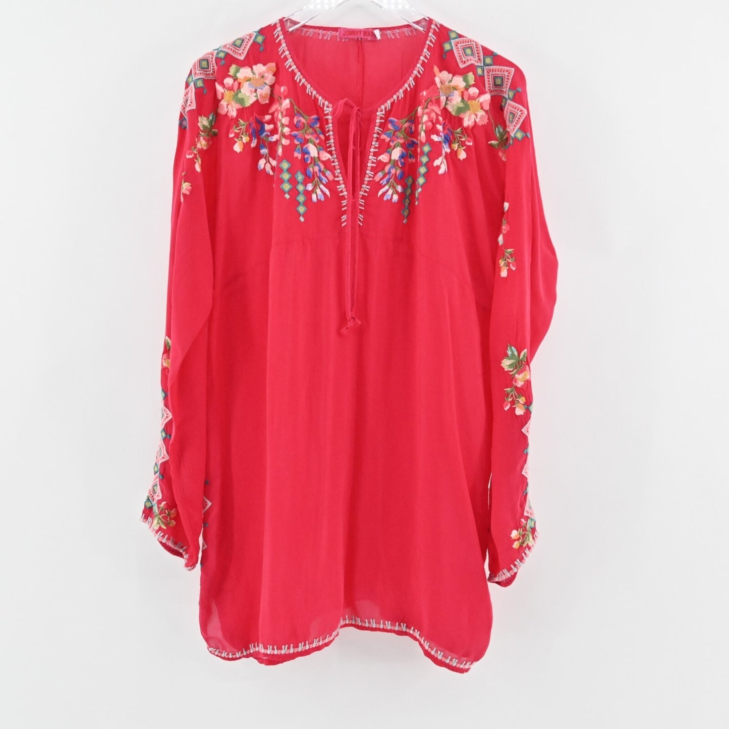 JOHNNY WAS Vanessa Embroidered Top Womens Size L Red Rayon Tunic Boho Blouse