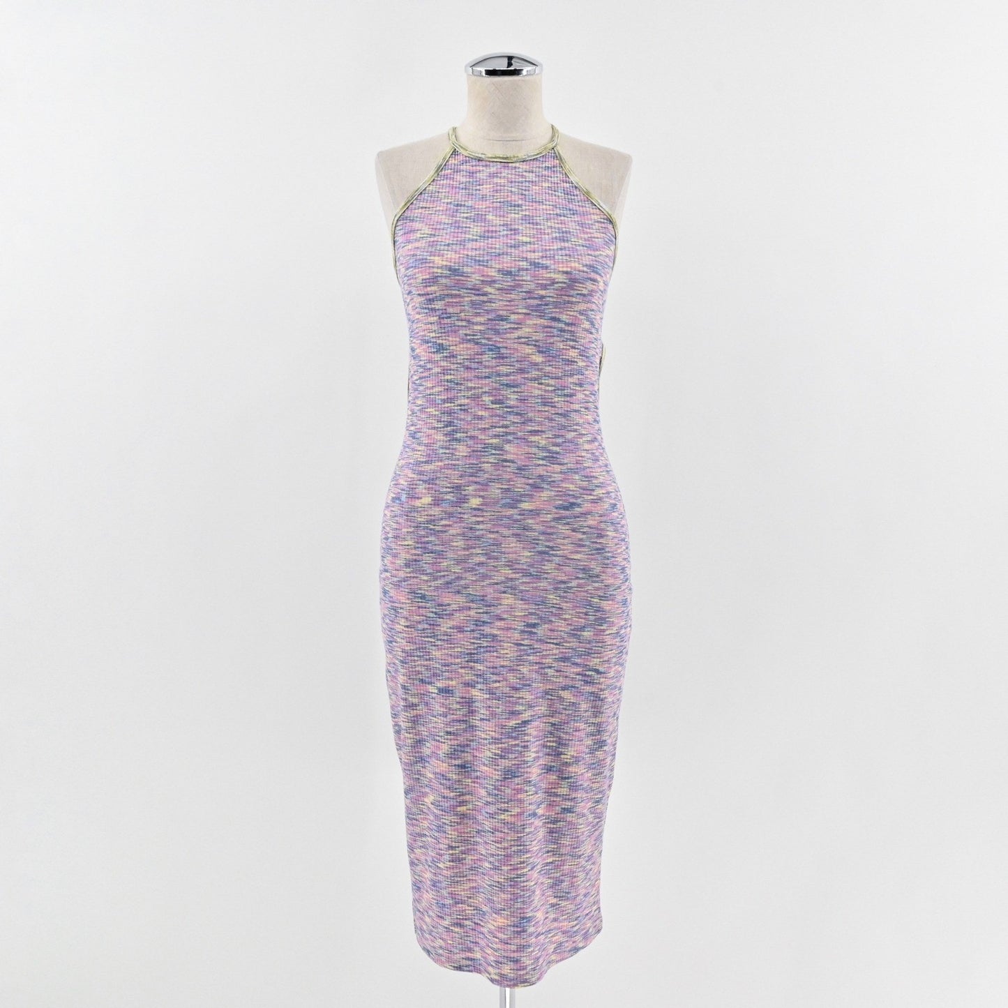 Lisa Says Gah Julia Halter Midi Dress Size S Tie Back Bodycon Ribbed Multicolor