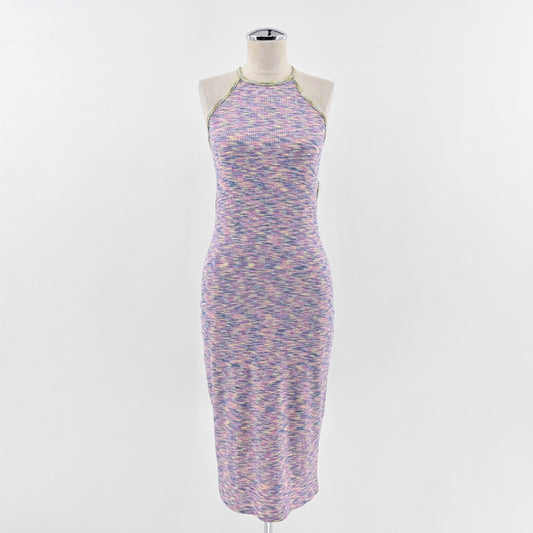 Lisa Says Gah Julia Halter Midi Dress Size S Tie Back Bodycon Ribbed Multicolor
