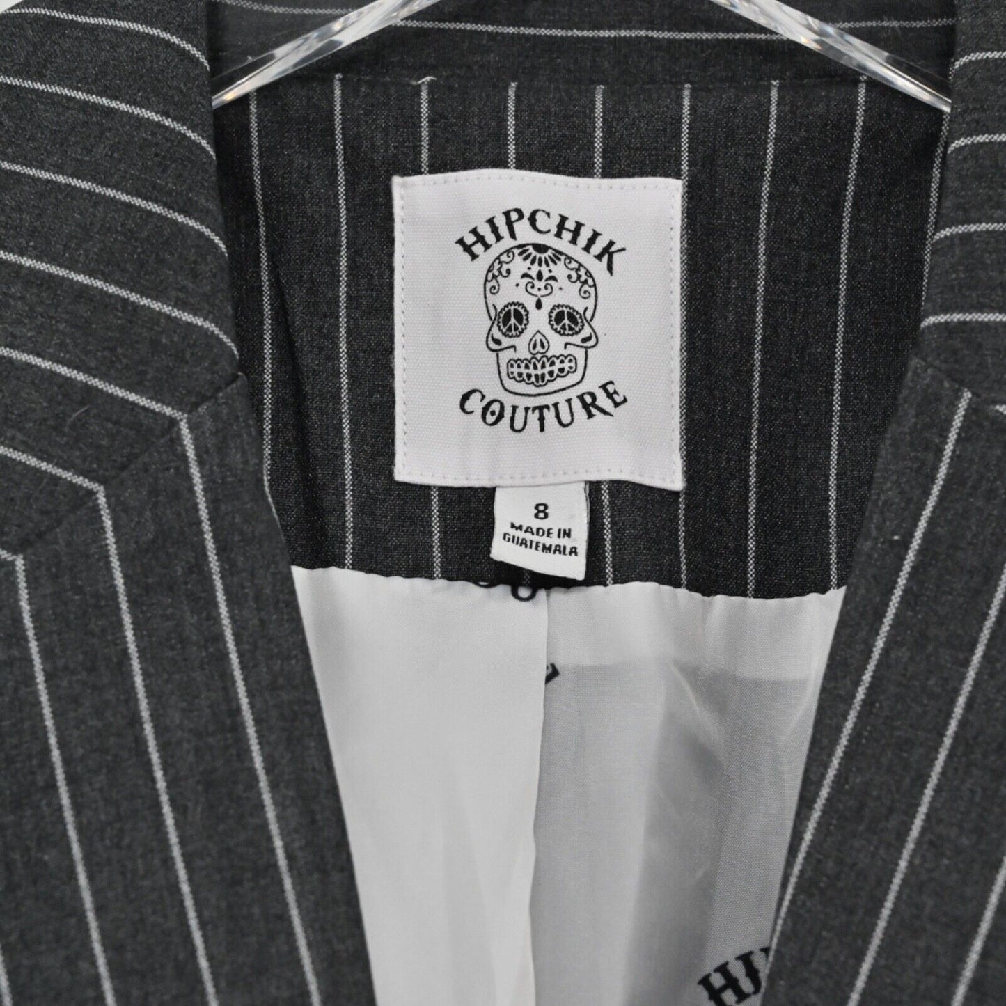 HIPCHIK COUTURE Blazer Womens Sz 8 Gray Pinstripe Rhinestone Butterfly Retro Y2K