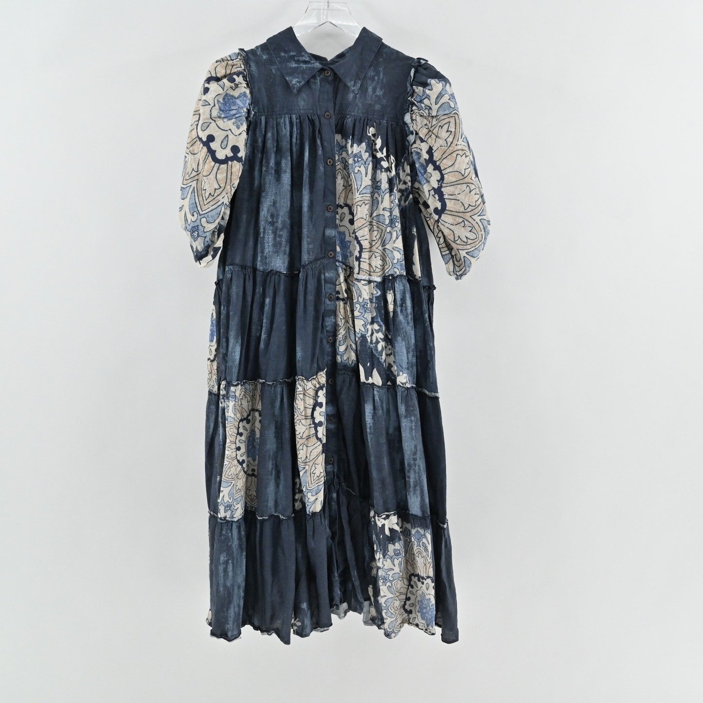 Anthropologie Let Me Be Puff Sleeve Patchwork Shirt Dress Sz XL Tiered Midi Boho