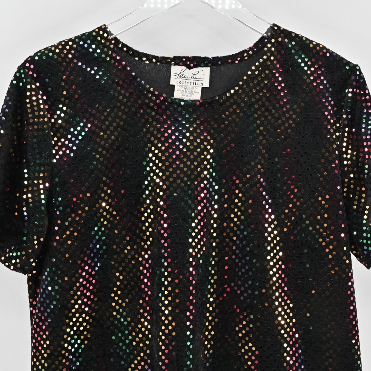 Vtg Kathie Lee Womens Rainbow Sequin Velvet Top Size M Black Retro Dopamine 80s