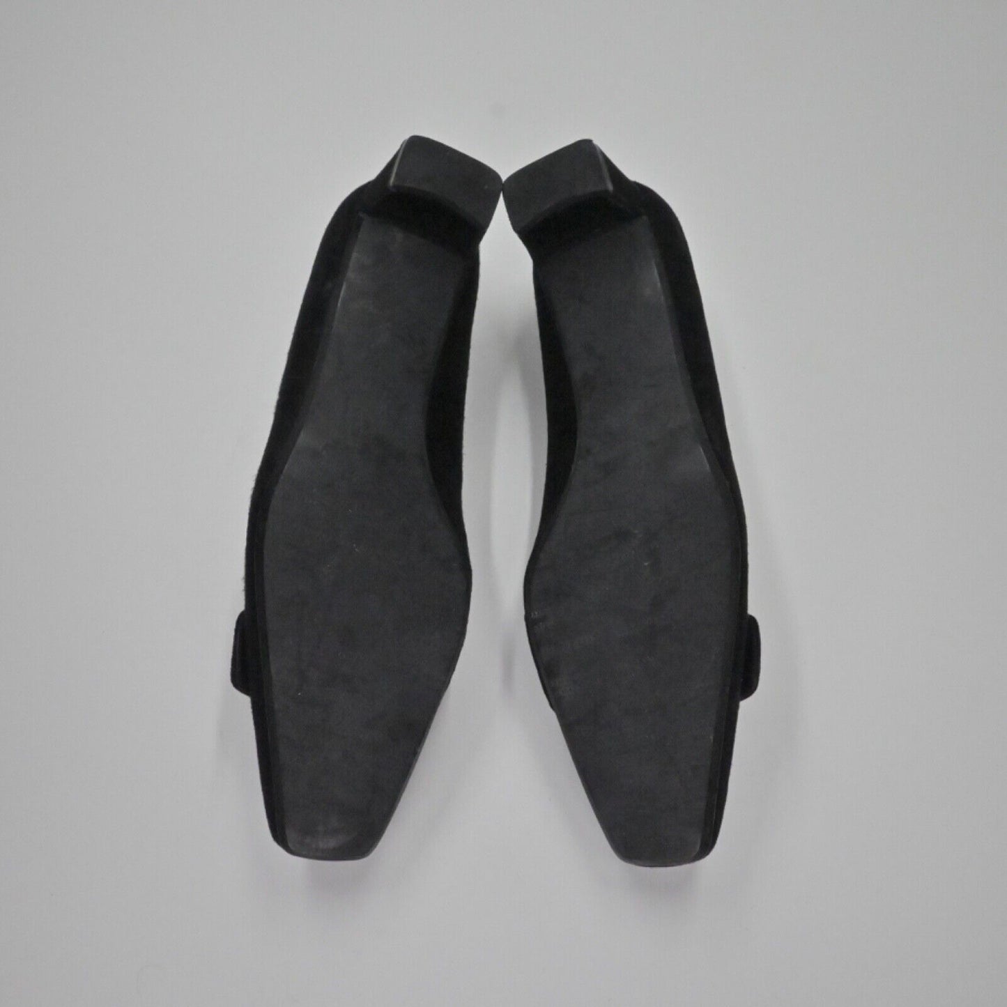 Vtg STUART WEITZMAN Pumps Womens Sz 5.5 Black Suede Buckle Square Toe Block Heel