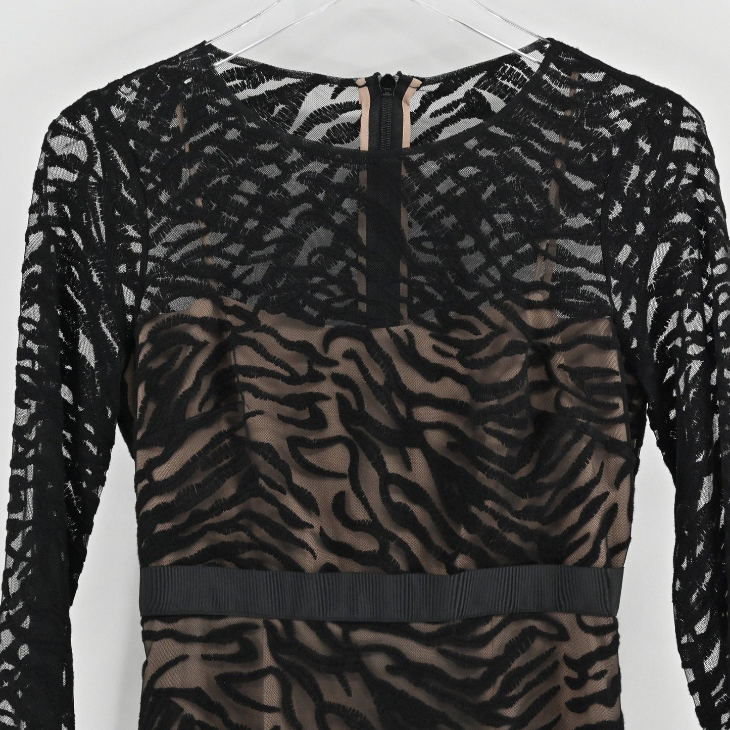 BCBGMAXAZRIA Velvet Burnout Midi Dress Sz 0 Zebra Black Lace Cocktail Whimsical