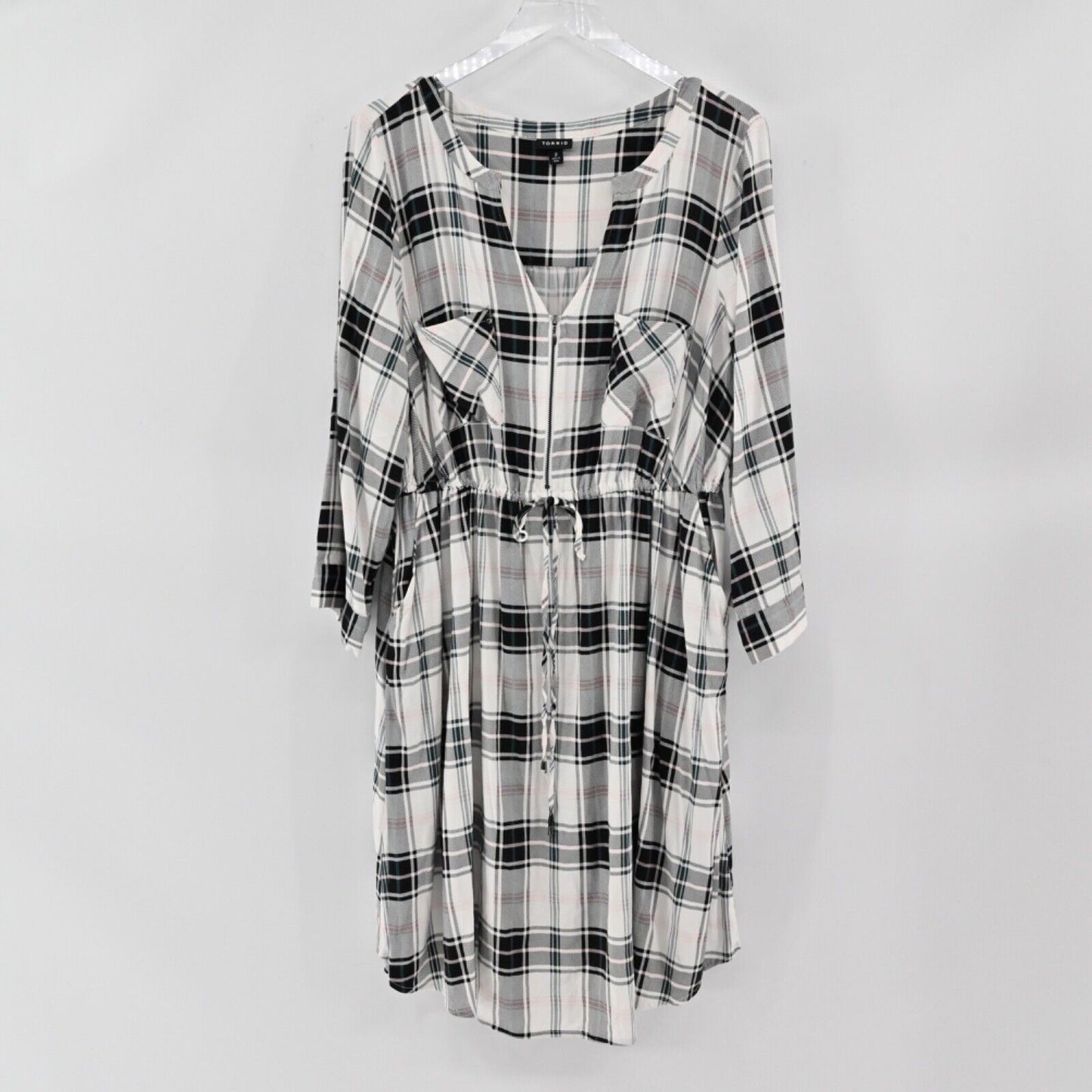 TORRID Dress Womens Size 2X White Plaid Shirt Challis Zip Front Drawstring Waist