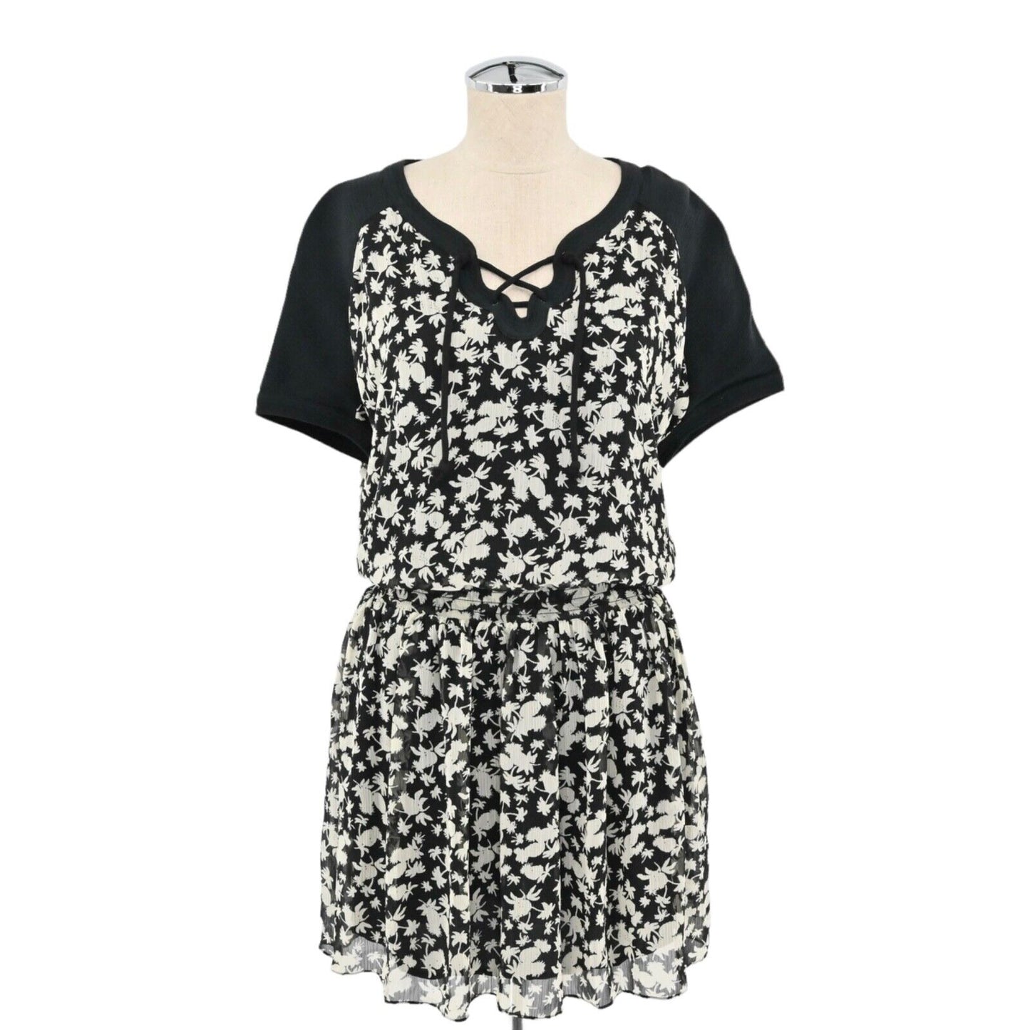MAISON SCOTCH Dress Womens Size 4 Floral Mini Black Tropical Print Smocked NEW