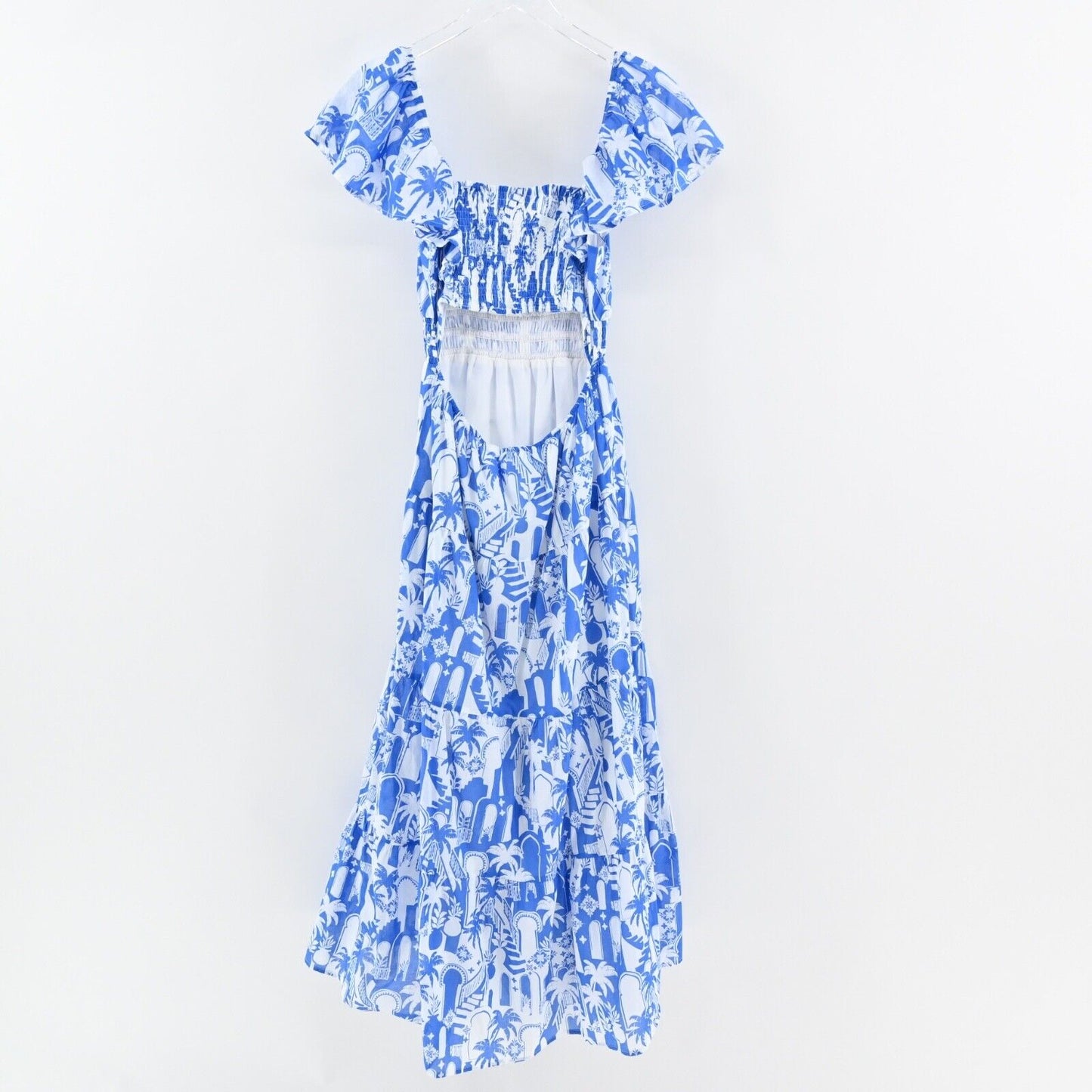 SUGARLIPS Dress Sz S Nala Maxi Blue Tropical Print Cotton Ruffle Flutter Sleeve