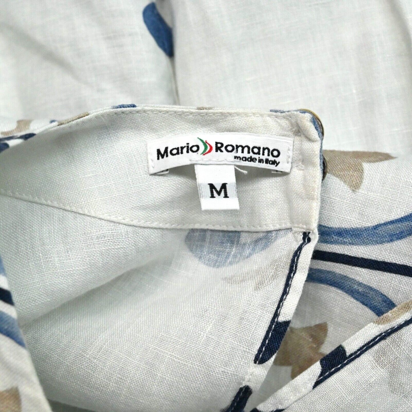 MARIO ROMANO Womens Linen Top Size M Peplum White Blue Boho Italy Breathable