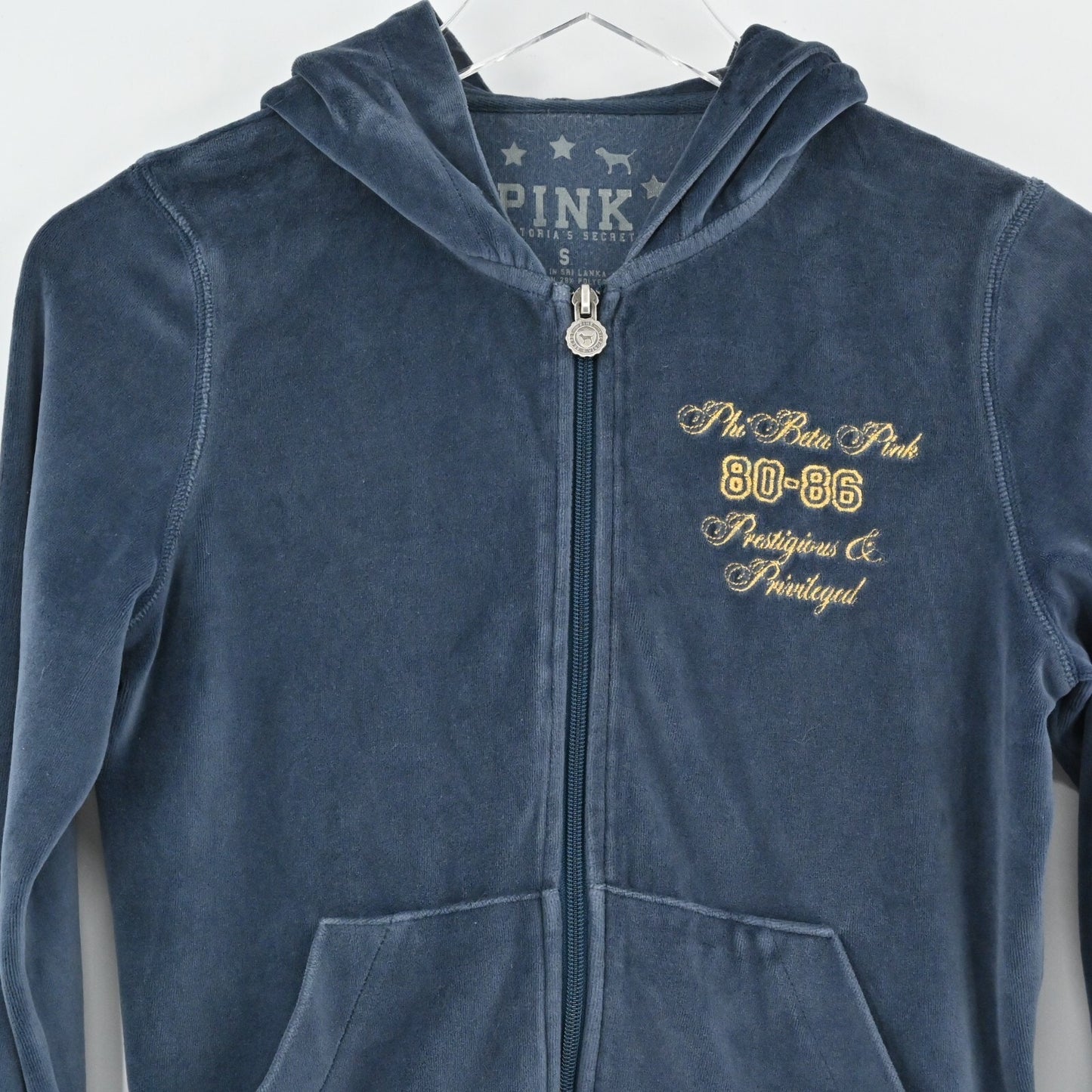 PINK Victorias Secret Womens Velour Hoodie Sz S Slate Embroidered Sorority Zip