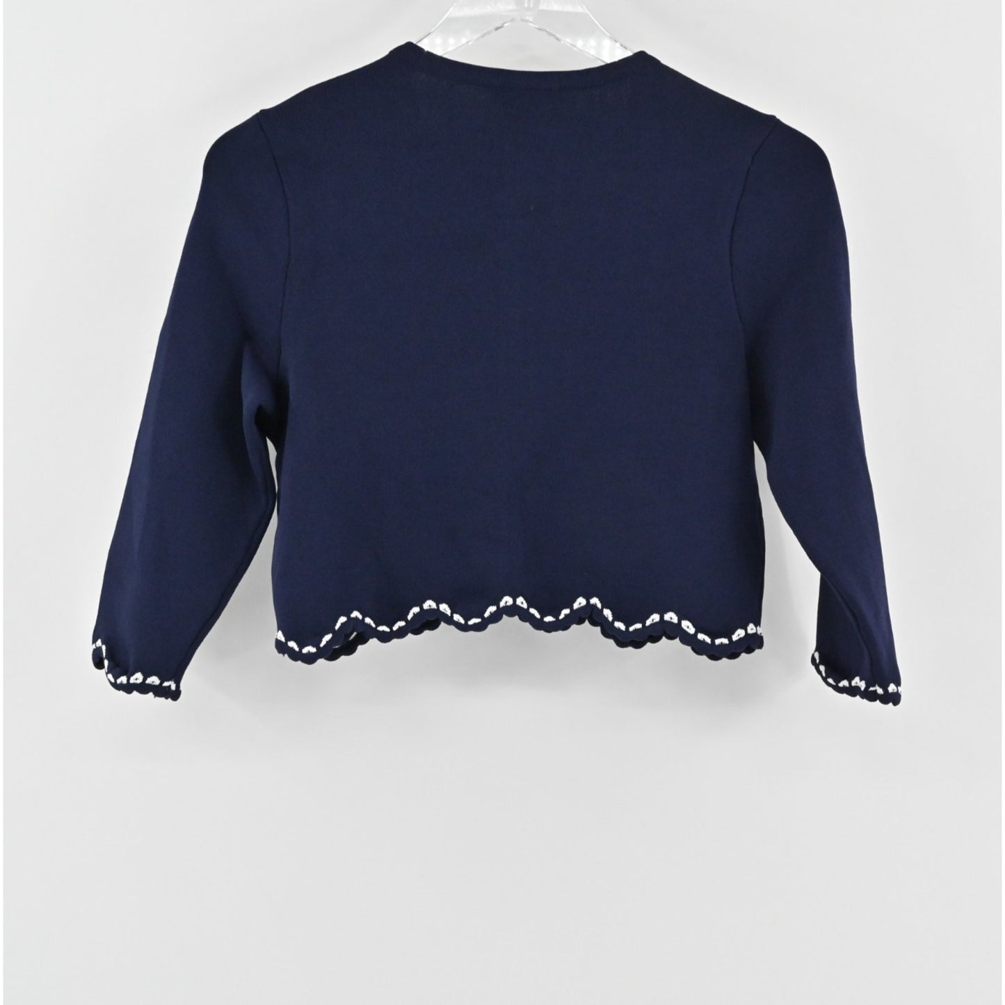 Shoshanna Womens Cardigan Sweater Sz S Navy Blue White Trim Scalloped Knit Crop