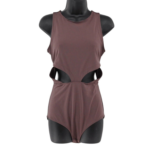 FREE PEOPLE Bodysuit Womens Size M Maroon Cutout Side Round Neck Movement Zip