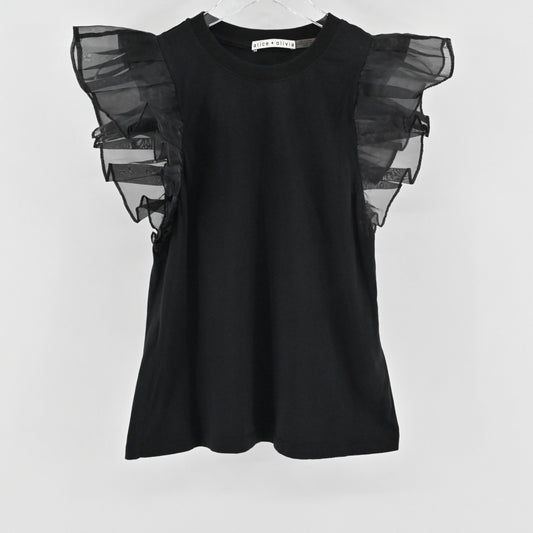 Alice Olivia Womens Garner Top Size XS Boxy Organza Sleeve Tee Black Blouse