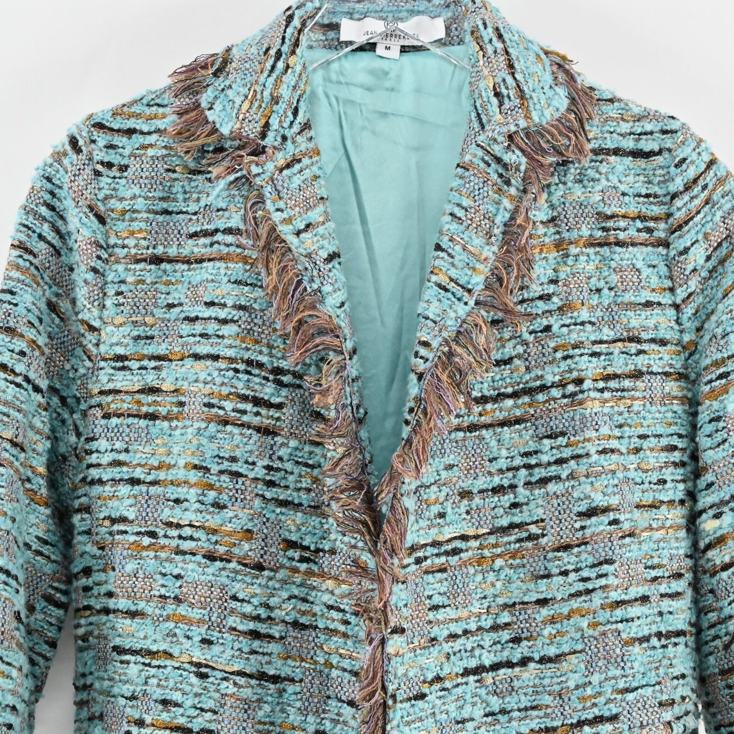 JEAN PIERRE KLIFA Womens Tweed Coat Size M Wool Blend Blue Brown Fringe Jacket