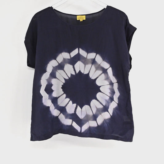 Roberta ROLLER RABBIT Womens Silk Tie Dye Top Sz XS S Navy Short Cap Sleeve Boho