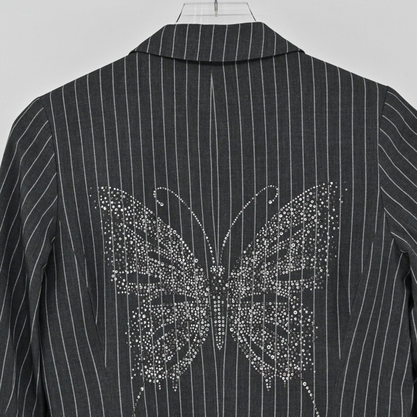 HIPCHIK COUTURE Blazer Womens Sz 8 Gray Pinstripe Rhinestone Butterfly Retro Y2K