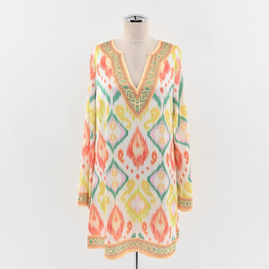 FLYING TOMATO Dress Sz S Ikat Shift Bell Sleeve Peasant Boho Tunic Lightweight