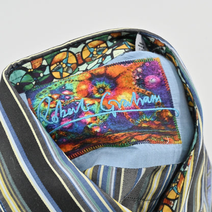 Robert Graham Mens Embroidered Stripe Collared Shirt Size L Blue Office Workwear