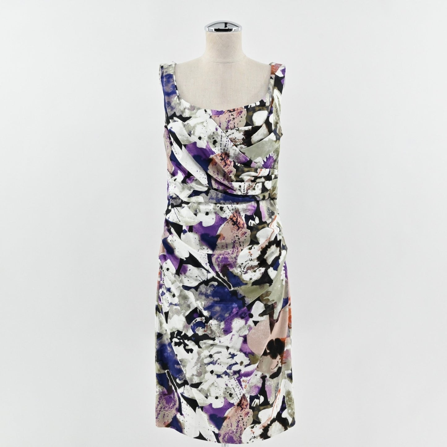 Suzi Chin Floral Pleated Sleeveless Dress Sz 14 Garden Party Ruched Square Neck