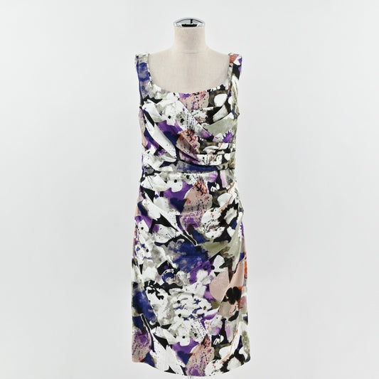 Suzi Chin Floral Pleated Sleeveless Dress Sz 14 Garden Party Ruched Square Neck