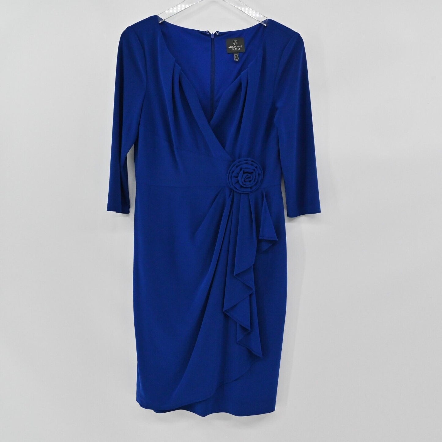 ADRIANNA PAPELL Dress Womens Size 6 Rosette Draped Cascade Solid Indigo Blue