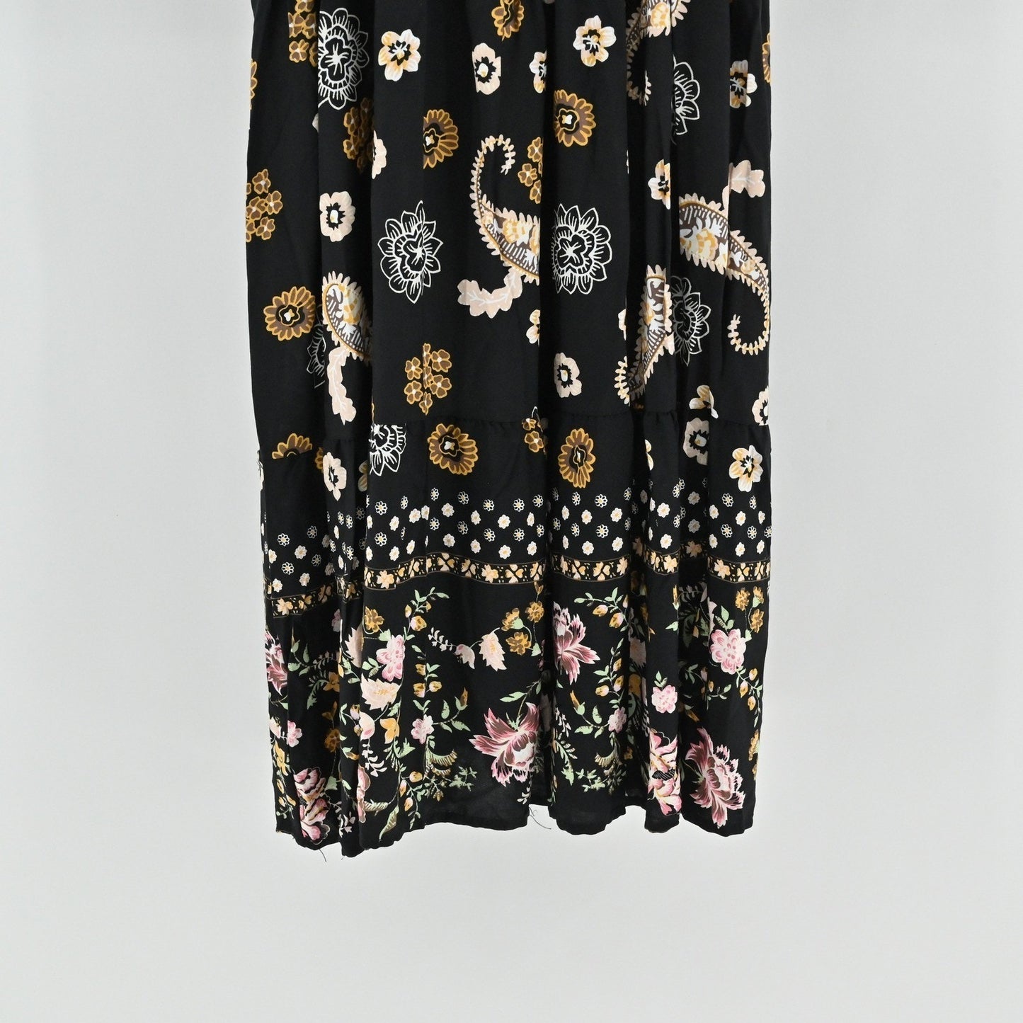 Anthropologie Kindred Floral Paisley Dress Size L Bohemian Smocked Waist Black
