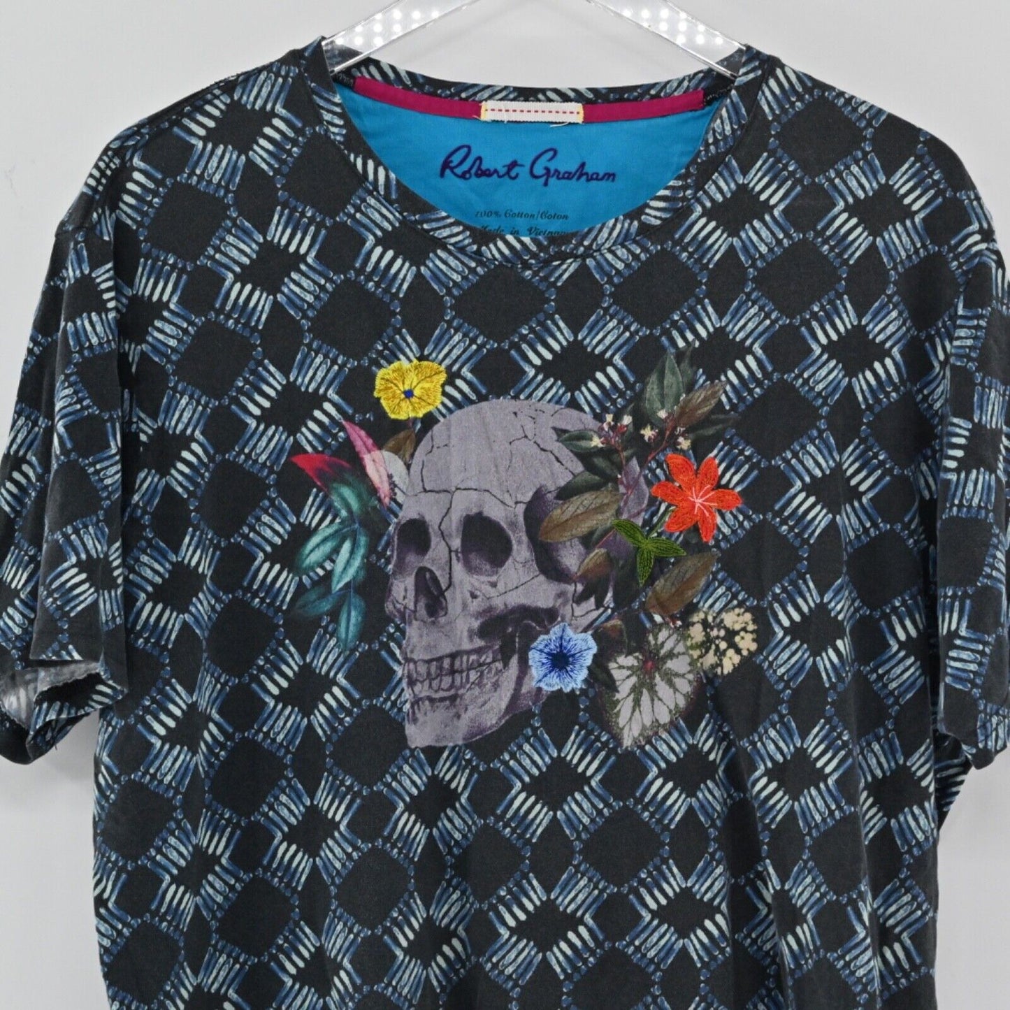 ROBERT GRAHAM T Shirt Mens Size L Blue Geometric Speed Limit Batik Skull Graphic