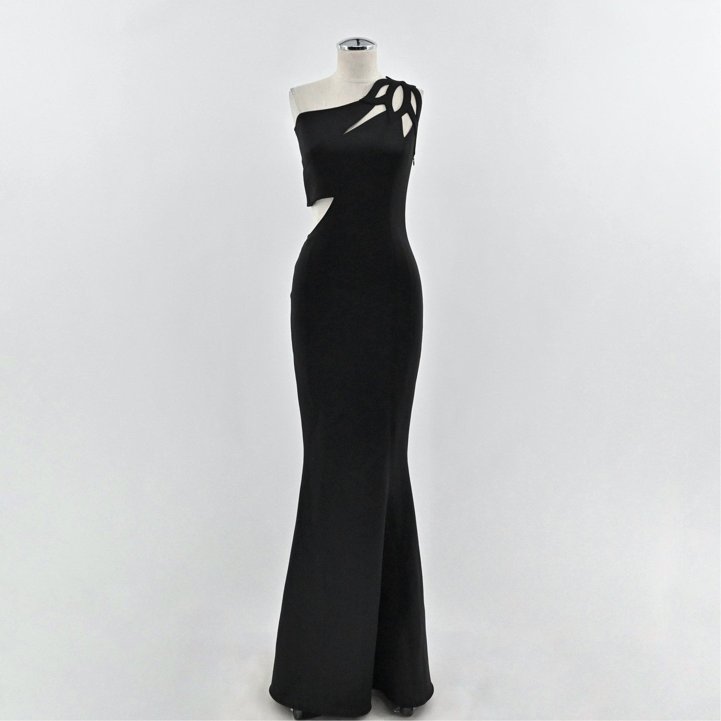 Eva Mejl Mermaid Dress Sz XS Black Formal Gown One Shoulder Cutout Evening Sexy