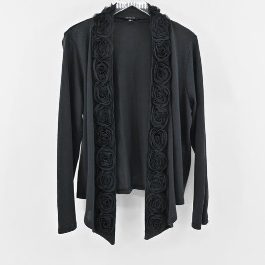 SAKS FIFTH AVENUE Cardigan Womens Sz XL Rosette Applique Trim Black Drape Cotton