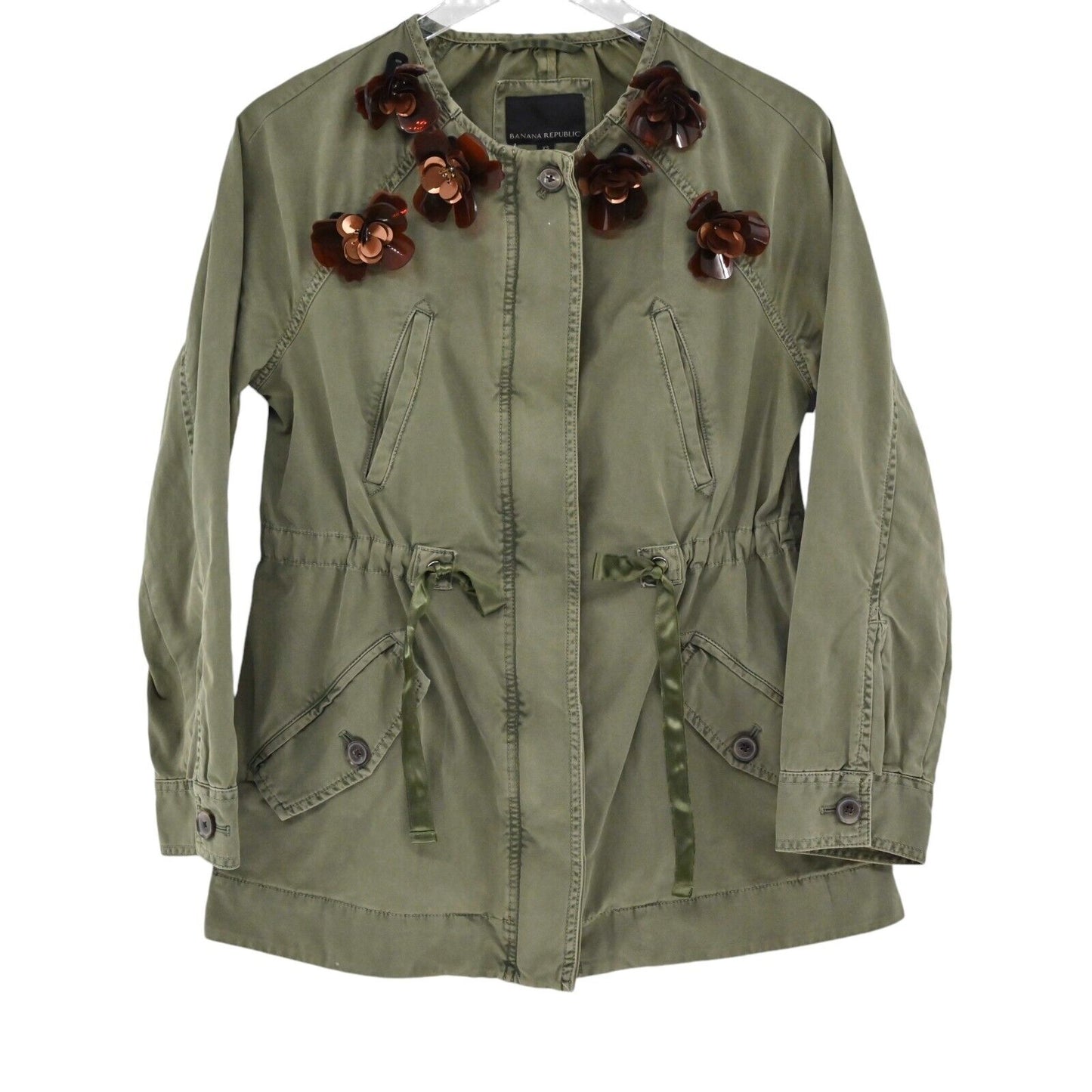 BANANA REPUBLIC Jacket Women Sz XS Green Cotton Floral Embellished Military Boho