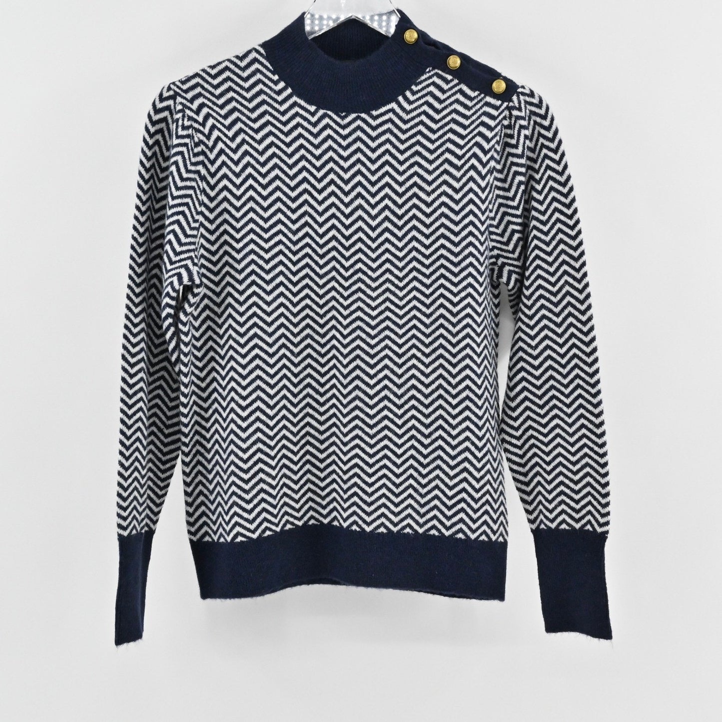 J Crew Womens Chevron Alpaca Sweater Size S Preppy Navy White Mock Neck Button
