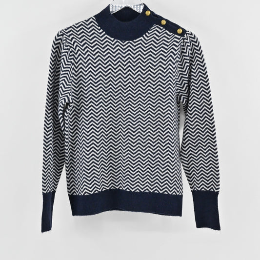 J Crew Womens Chevron Alpaca Sweater Size S Preppy Navy White Mock Neck Button