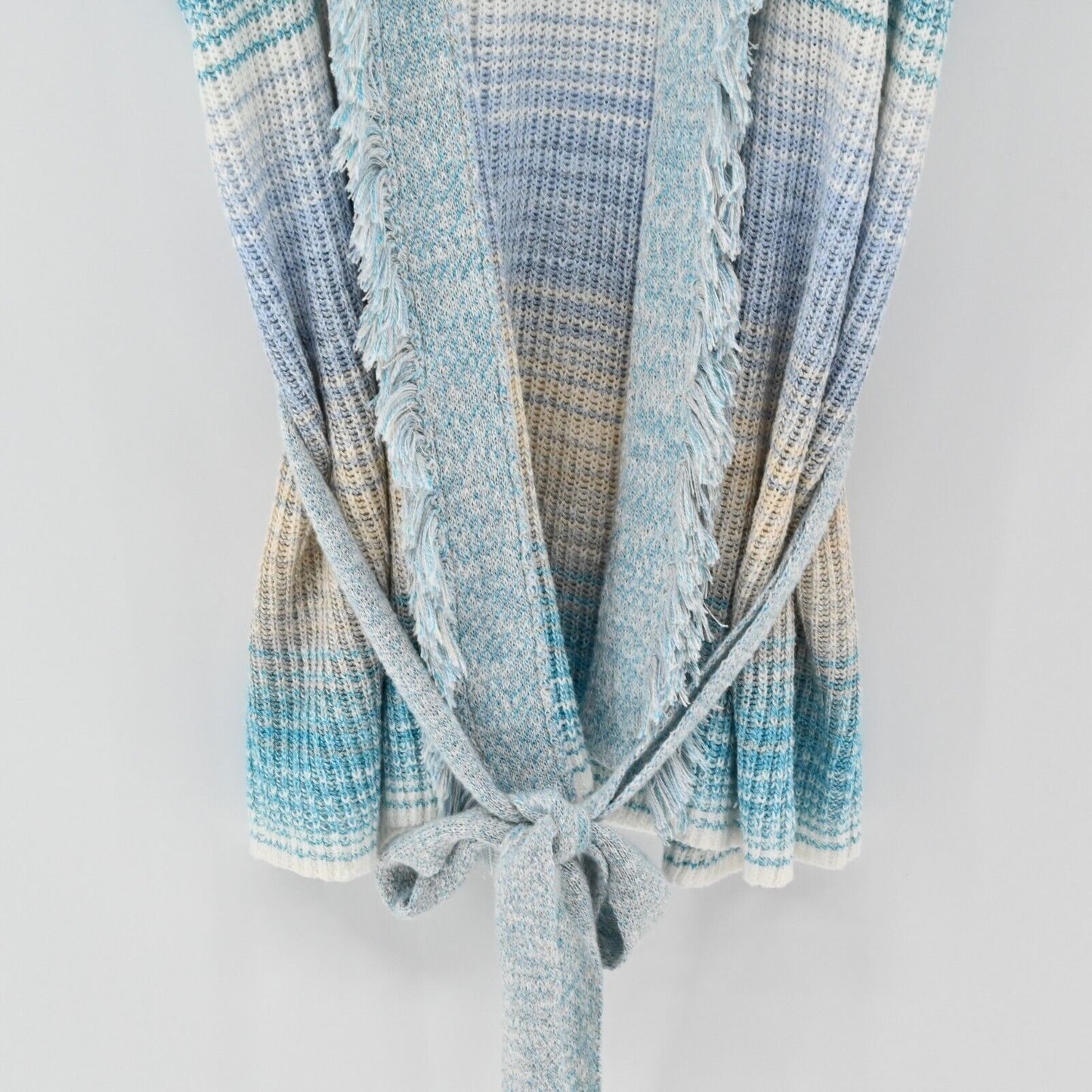 INTERMIX Sweater Womens Size M Drop Shoulder Knit Fringe Cardigan Tie Blue Multi