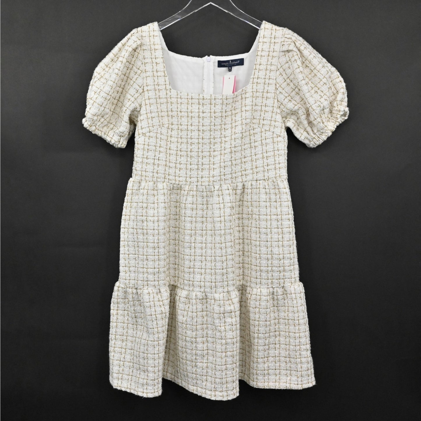 Simply Southern Tweed Puff Sleeve Dress Size M Square Neck Tiered Ivory Gold NEW