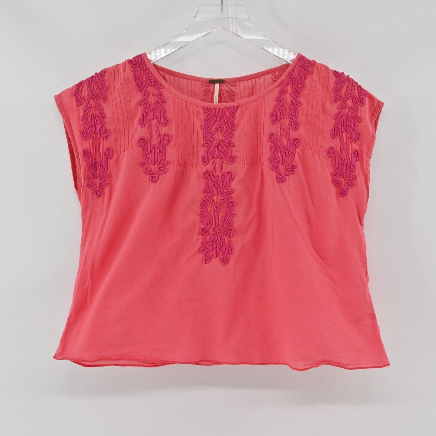 FREE PEOPLE Top Womens Size S Pink Lightweight Embroidered Detail Boho Blouse