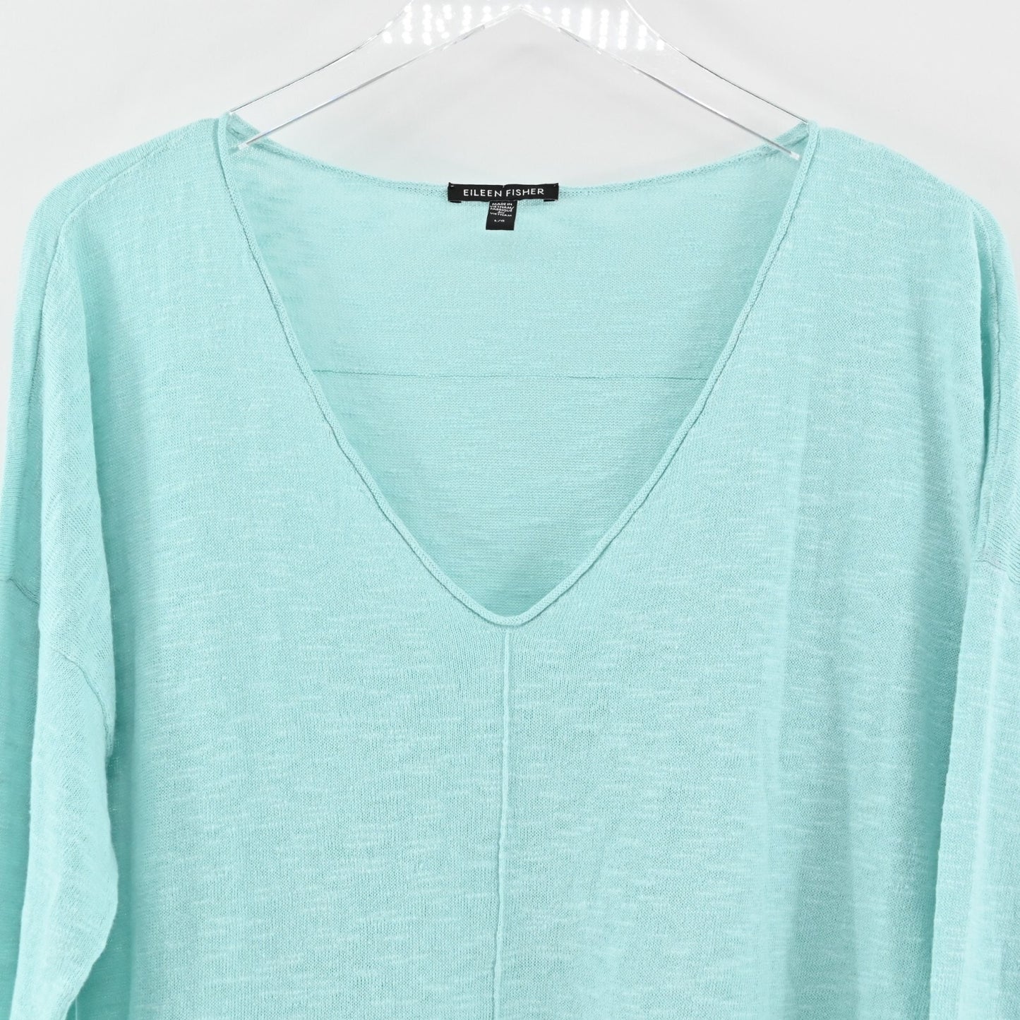 EILEEN FISHER WomensSlubby Sweater Sz L VNeck Long Sleeve Aqua Blue Green Top