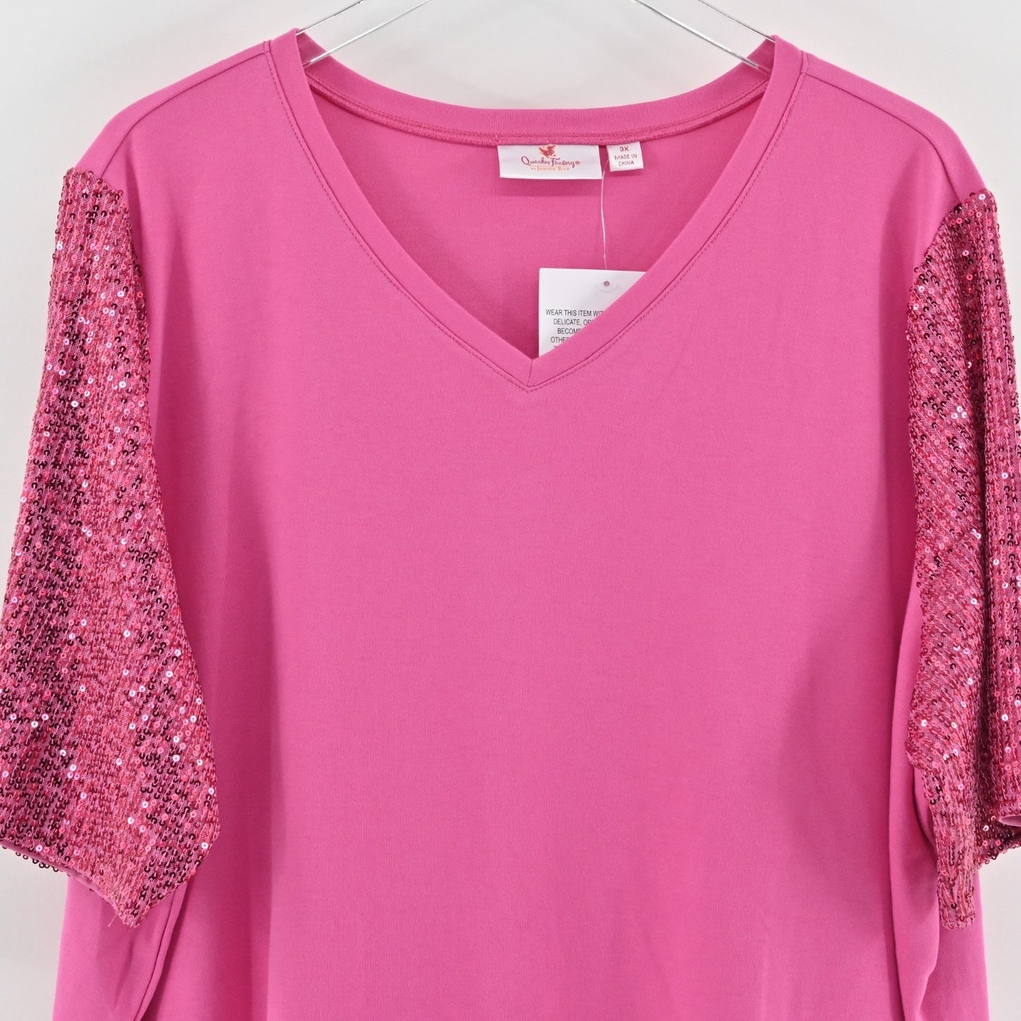Quacker Factory Womens Glamour Sequin Elbow Sleeve Top Size 3X Pink Fire Tee NEW