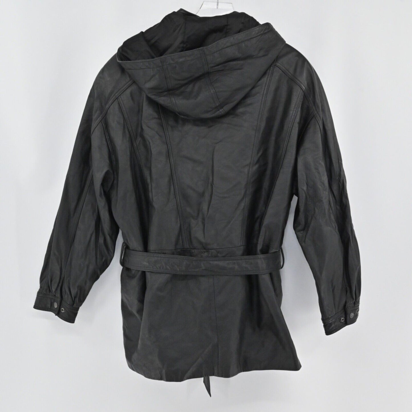 Vtg WILSONS Leather Coat Mens L Black Removable Hood Belted Faux Fur Lined 80s