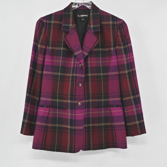 Vtg ELLEN TRACY Womens Wool Plaid Blazer Size 10 Purple Preppy Dark Academia Y2k