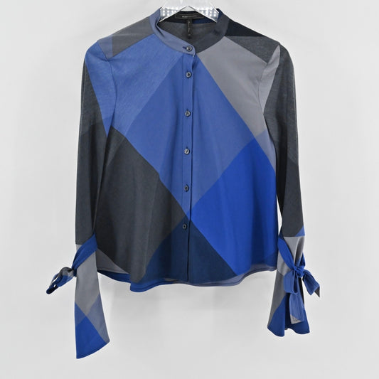 BCBGMaxAzria Womens Blue Colorblock Button Front Top Size XS Tie Wrist Blouse