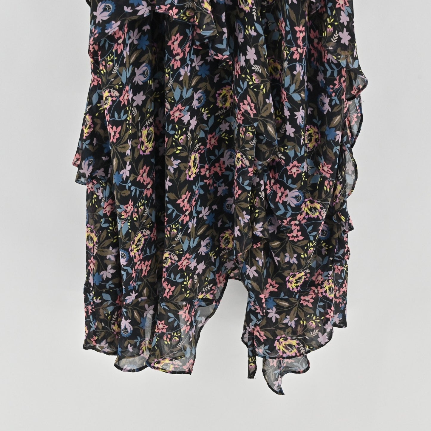 CeCe Tiered Midi Dress Size 2 Black Asymmetric Floral Print Ruched Short Sleeve