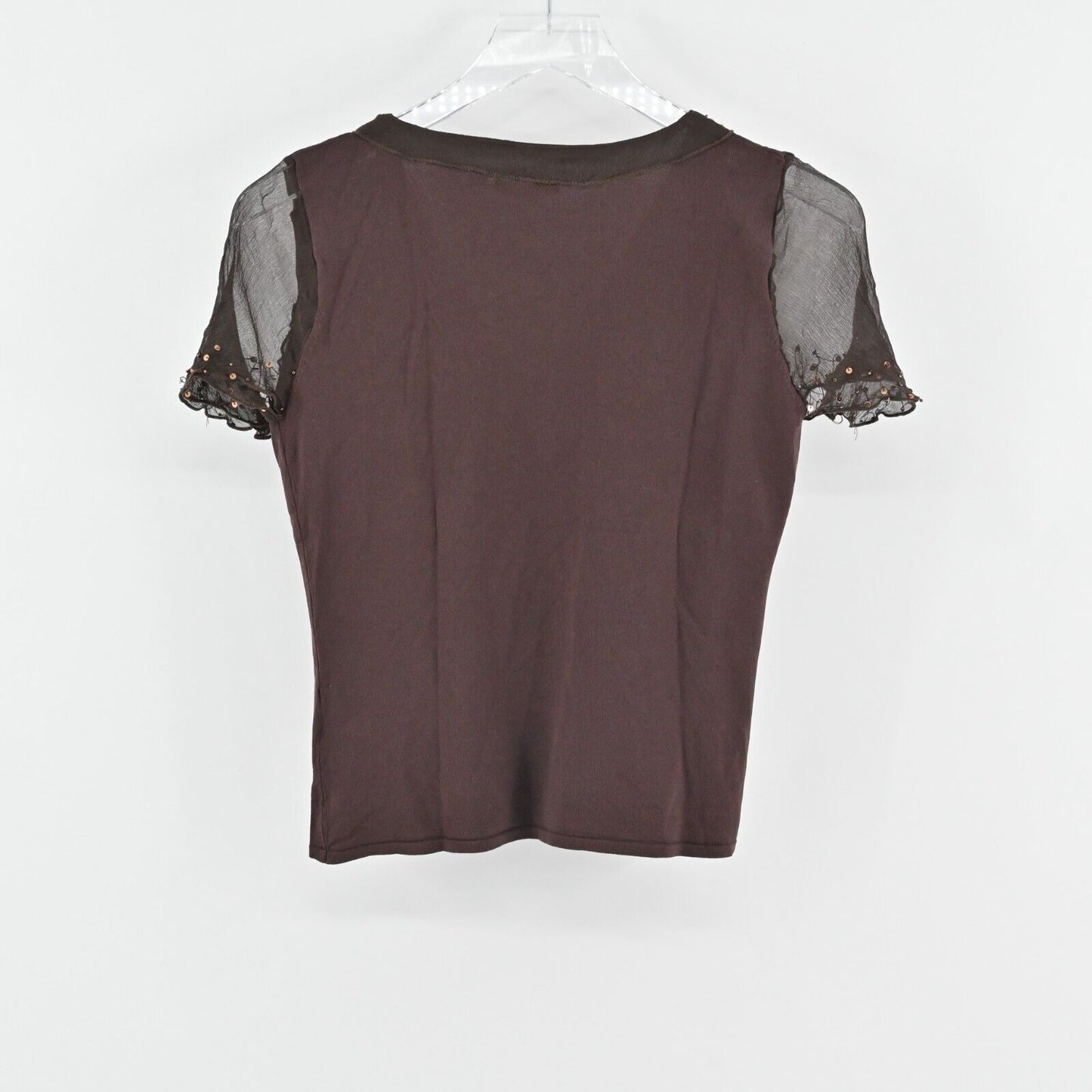 POIS Top Womens Size M VNeck Rosette Sequin Sheer Short Sleeve Chocolate Brown