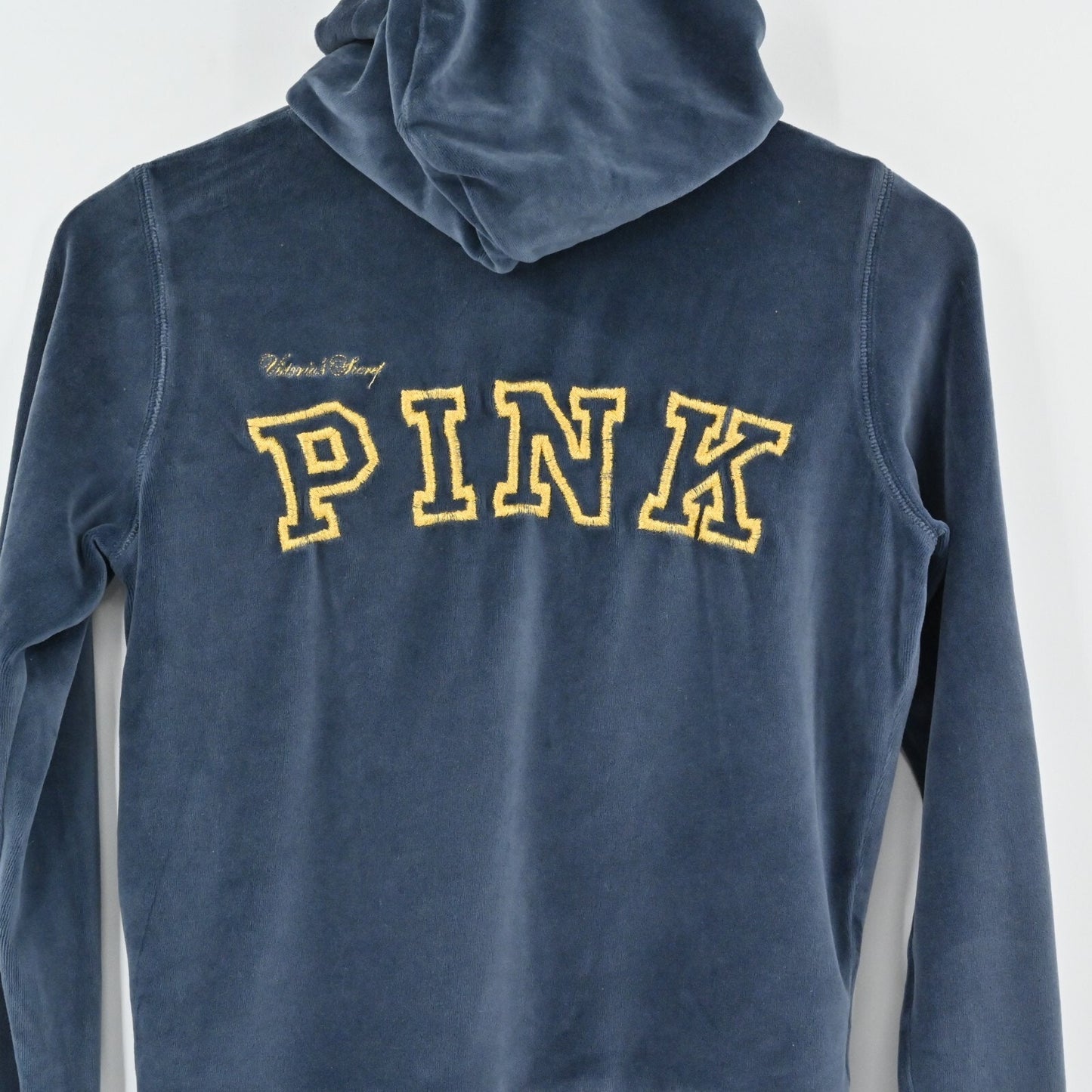 PINK Victorias Secret Womens Velour Hoodie Sz S Slate Embroidered Sorority Zip