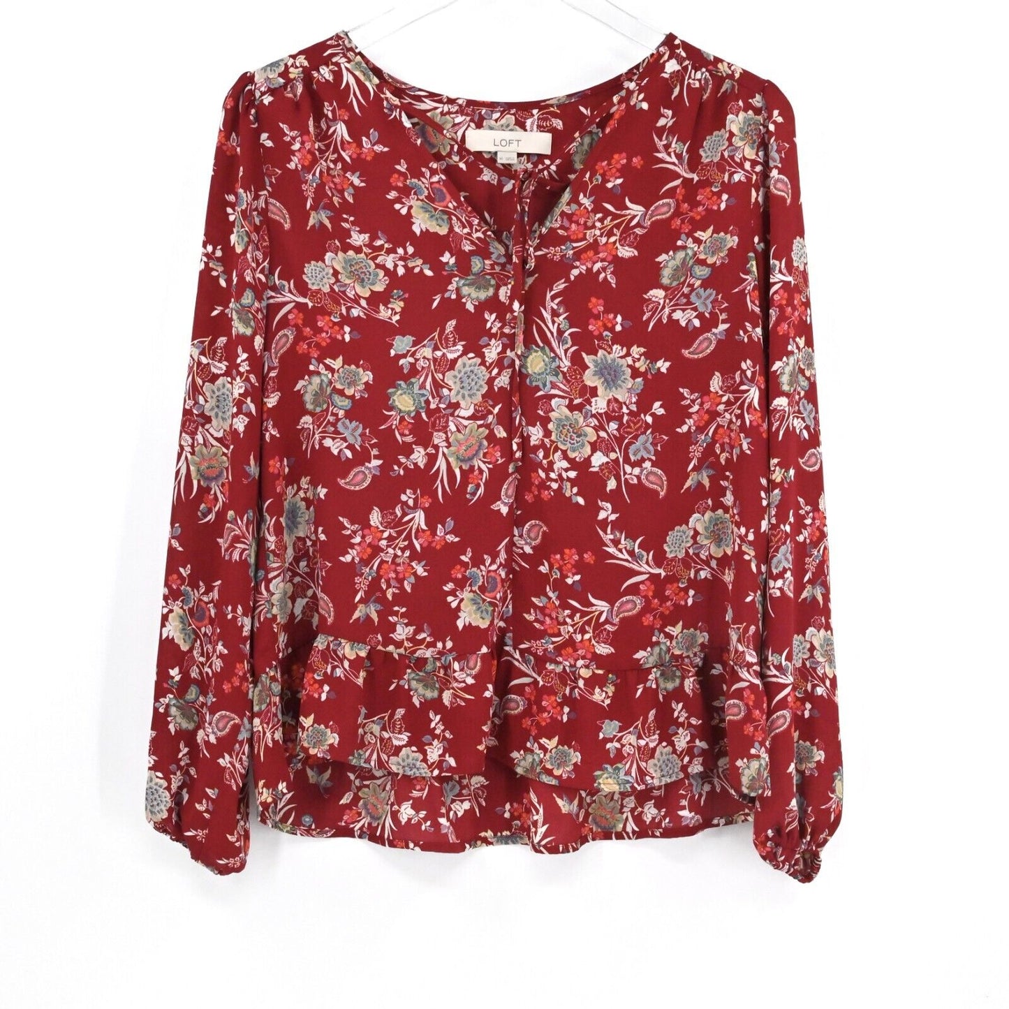 LOFT Top Womens Size XS Red Floral Tie V-Neck Blouse Ruffle Hem Balloon Sleeve
