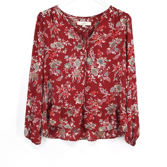 LOFT Top Womens Size XS Red Floral Tie V-Neck Blouse Ruffle Hem Balloon Sleeve