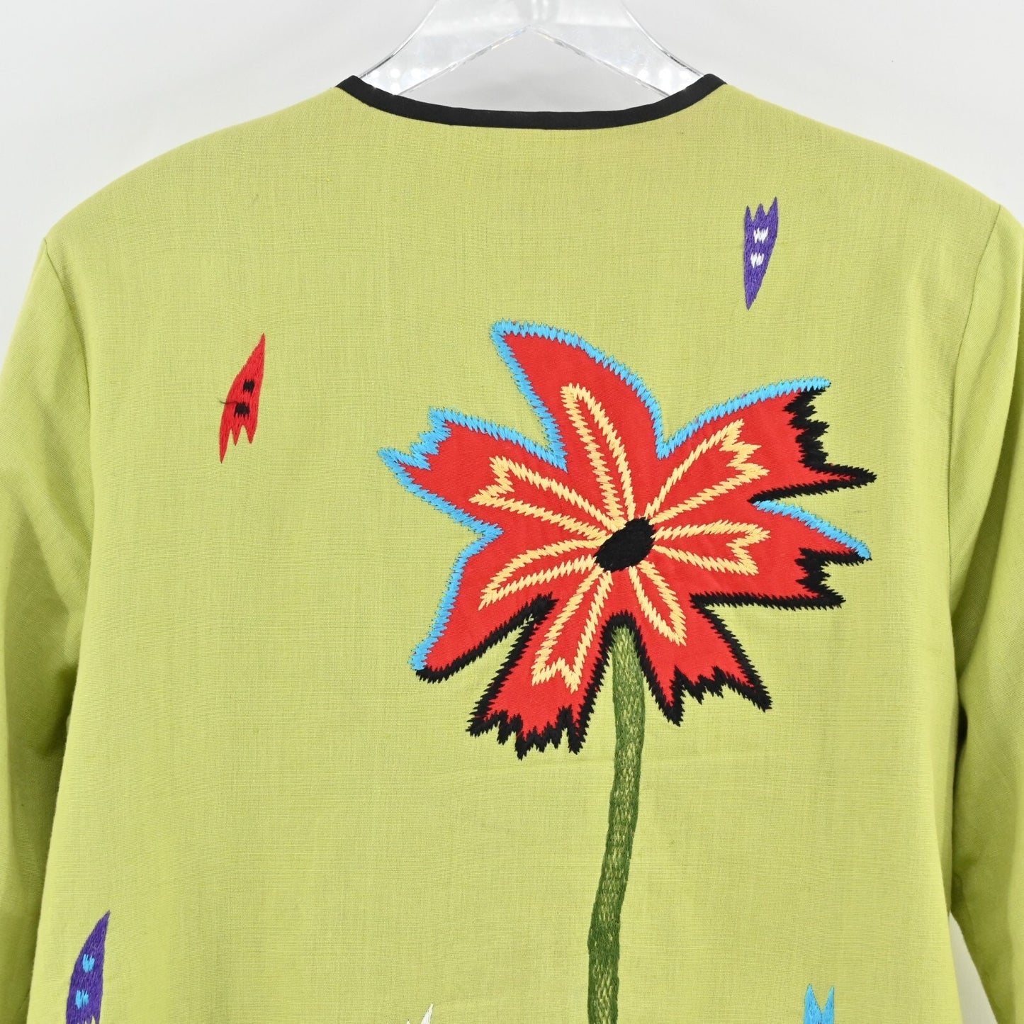 Vtg ALEX KIM Womens Embroidered Jacket Size L Green Floral Toggle Linen Art Wear