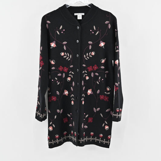 Vtg Floral Embroidered Sweater Womens Size S Black Wool Longline JILLIAN JONES